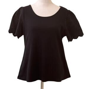 Isaac Mizrahi Live Black Round Neck T-Shirt Eyelet Short Sleeve Size Medium